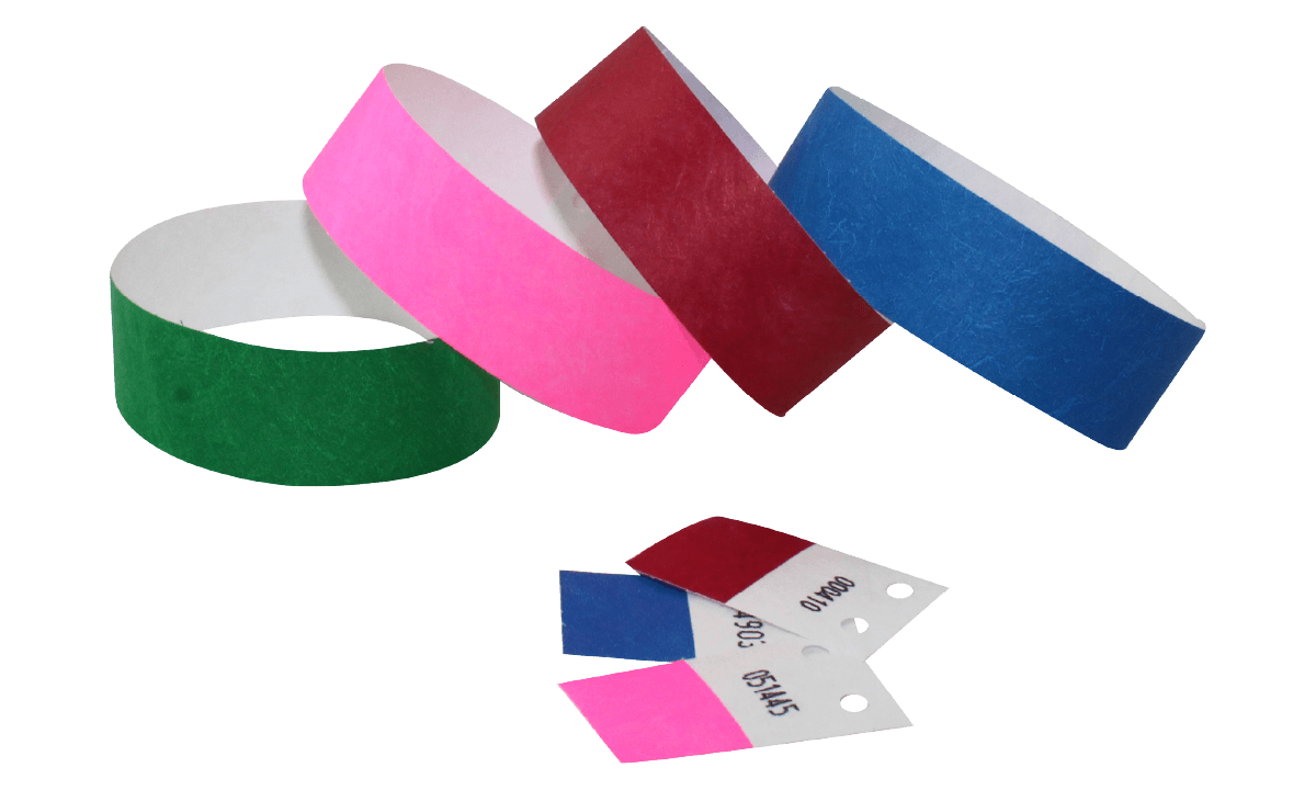 Tyvek-Armbänder 25 mm, vorgedruckt mit Serien-Nummerierung und mit Abreiß-Ticket