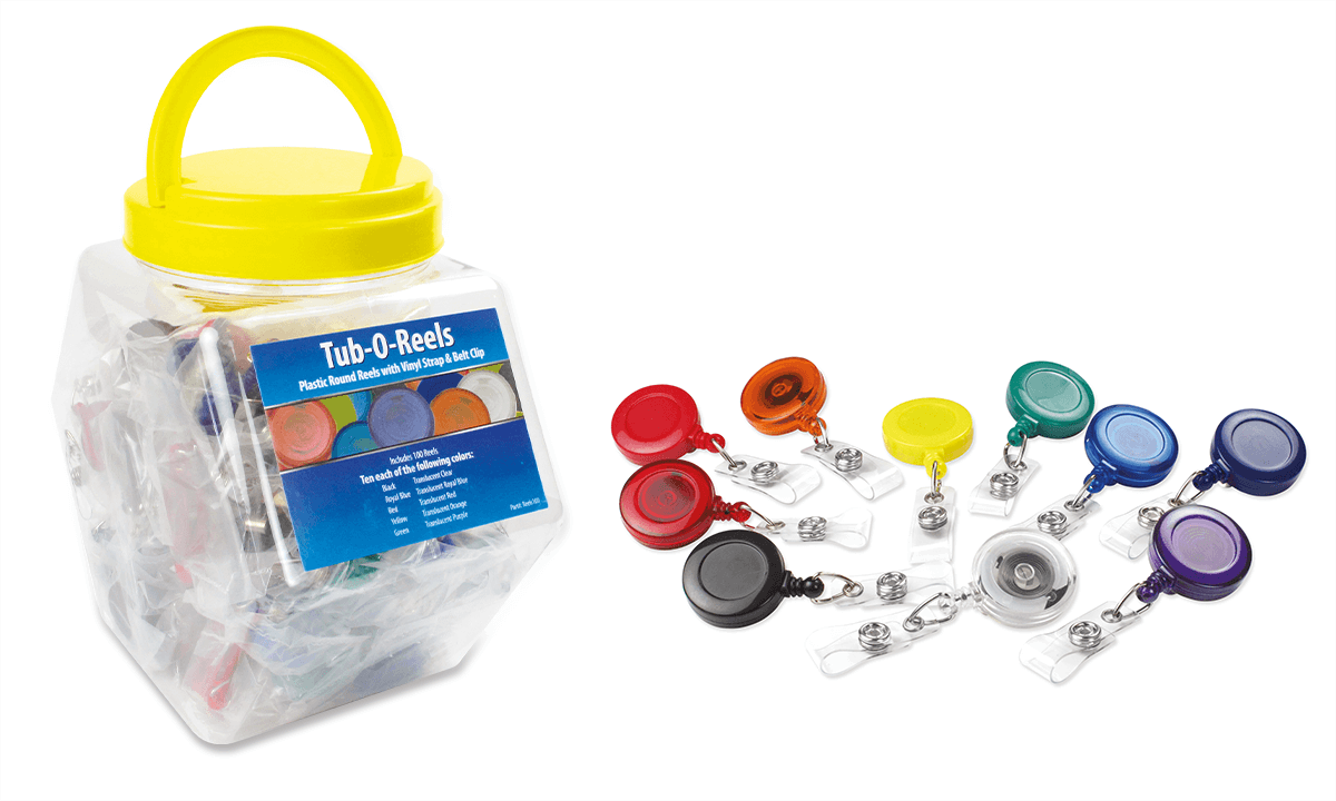 Packung mit 100 runden Ausweisjojos in verschiedenen Farben, Tub-o-Reels