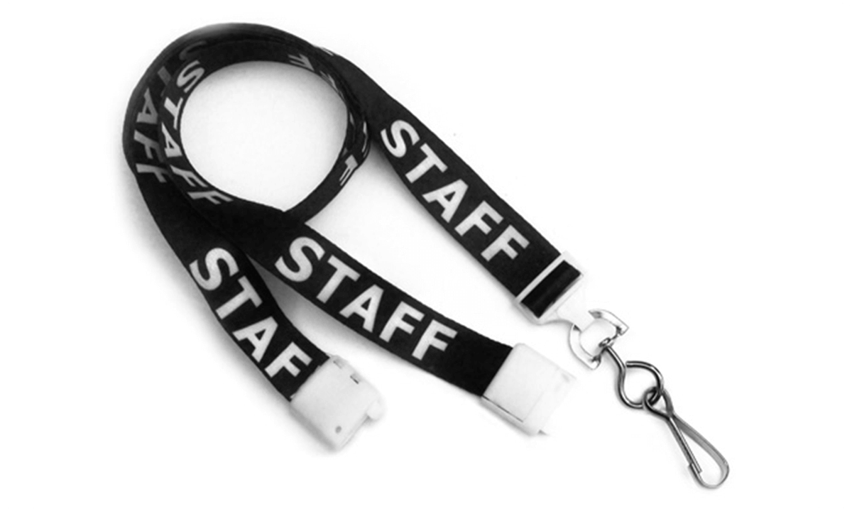 15 mm breite, vorbedruckte Satin-Schlüsselbänder "STAFF" mit Sicherheitsverschluss und Metallschnapphaken