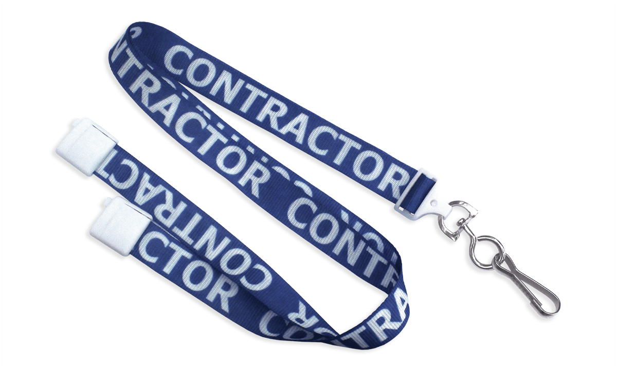 15 mm breite, vorbedruckte Satin-Schlüsselbänder "CONTRACTOR" mit Sicherheitsverschluss und Metallschnapphaken