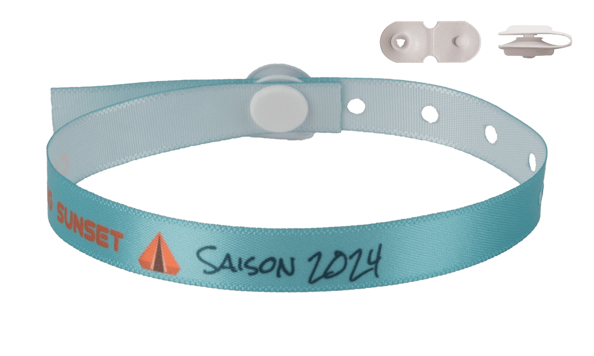 Gedruckte Satin-Armbänder 10mm "Spezielles Camping" mit St Tropez Verschluss