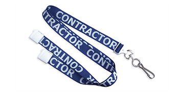 15 mm breite, vorbedruckte Satin-Schlüsselbänder "CONTRACTOR" mit Sicherheitsverschluss und Metallschnapphaken